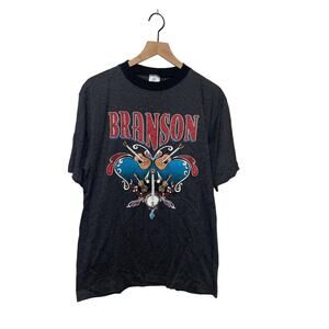 Vintage Branson Shirt MO Guitar Graphic Striped Black Tee 80s Belton Large